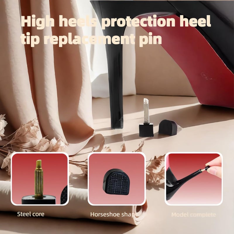 RyanDesign 10 Pairs High Heel Tips Replacement - U/Cap Style, 2.4mm & 3mm Metal Core, 5 Sizes (8-12mm) | Durable Non-Slip Heel Caps for Women's Shoes | Quiet, Quick DIY Installation (Black) - Image 2